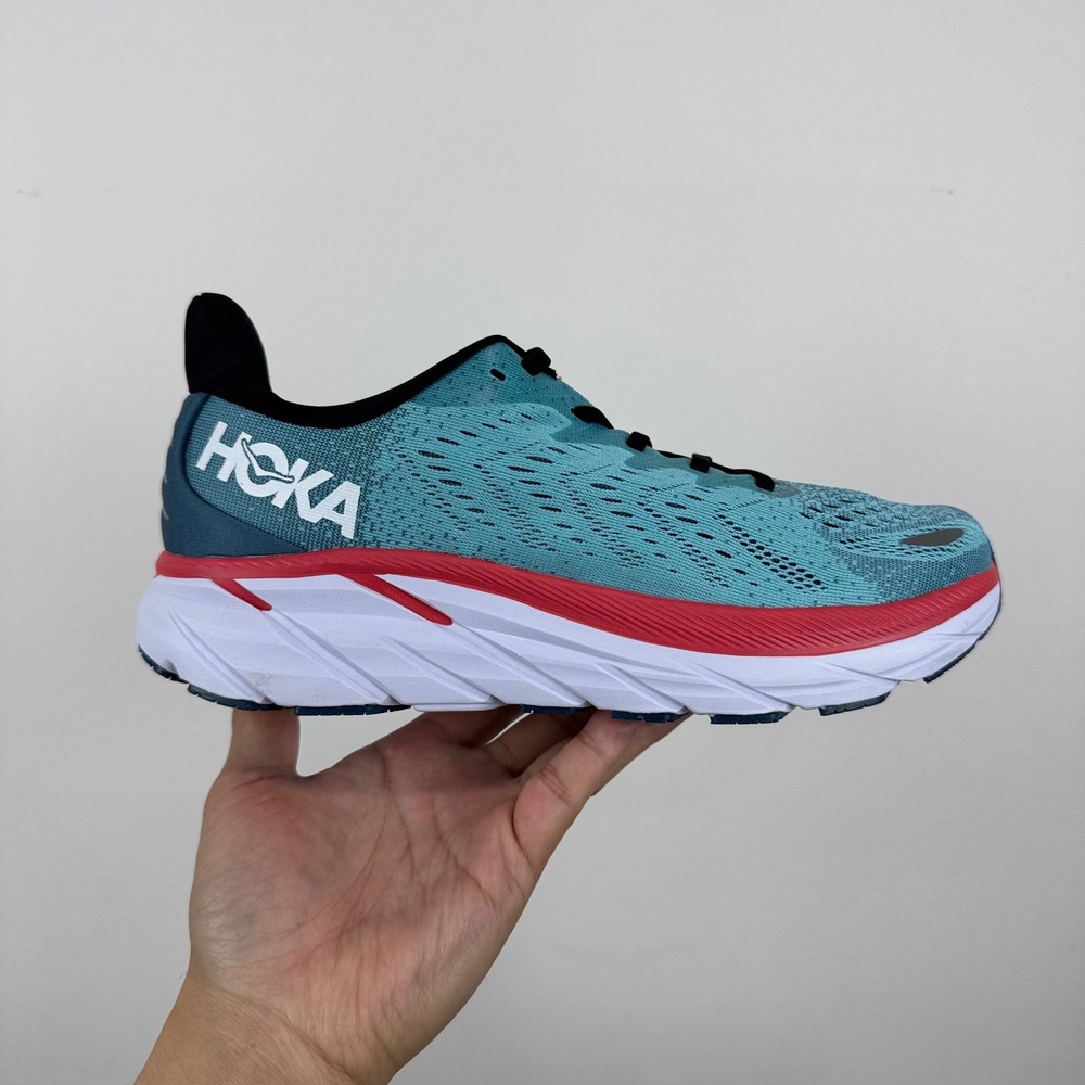Hoka One One Clifton 8 Mens Size 8.5 Real Teal Aquarelle Solar Red 1119393 RTAR